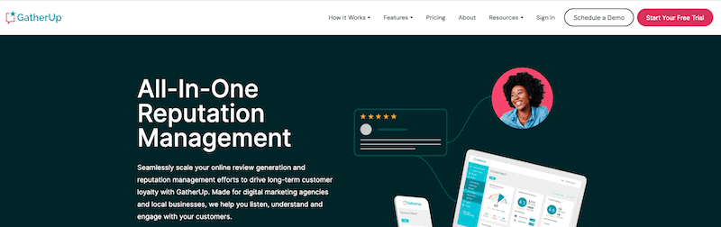 A website homepage for GatherUp showcases the headline "All-In-One Reputation Management," highlighting its status as the best reputation management software. A smiling person’s photo, five-star review graphic, dashboard screenshots, and clear calls-to-action are visible.