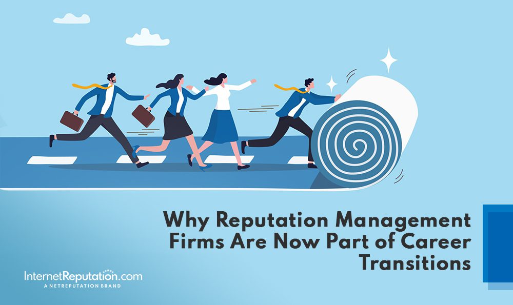 Illustration of three businesspeople running as a path is unrolled ahead, symbolizing new opportunities. Text reads: "Why Reputation Management Firms Are Now Essential in Career Transitions.