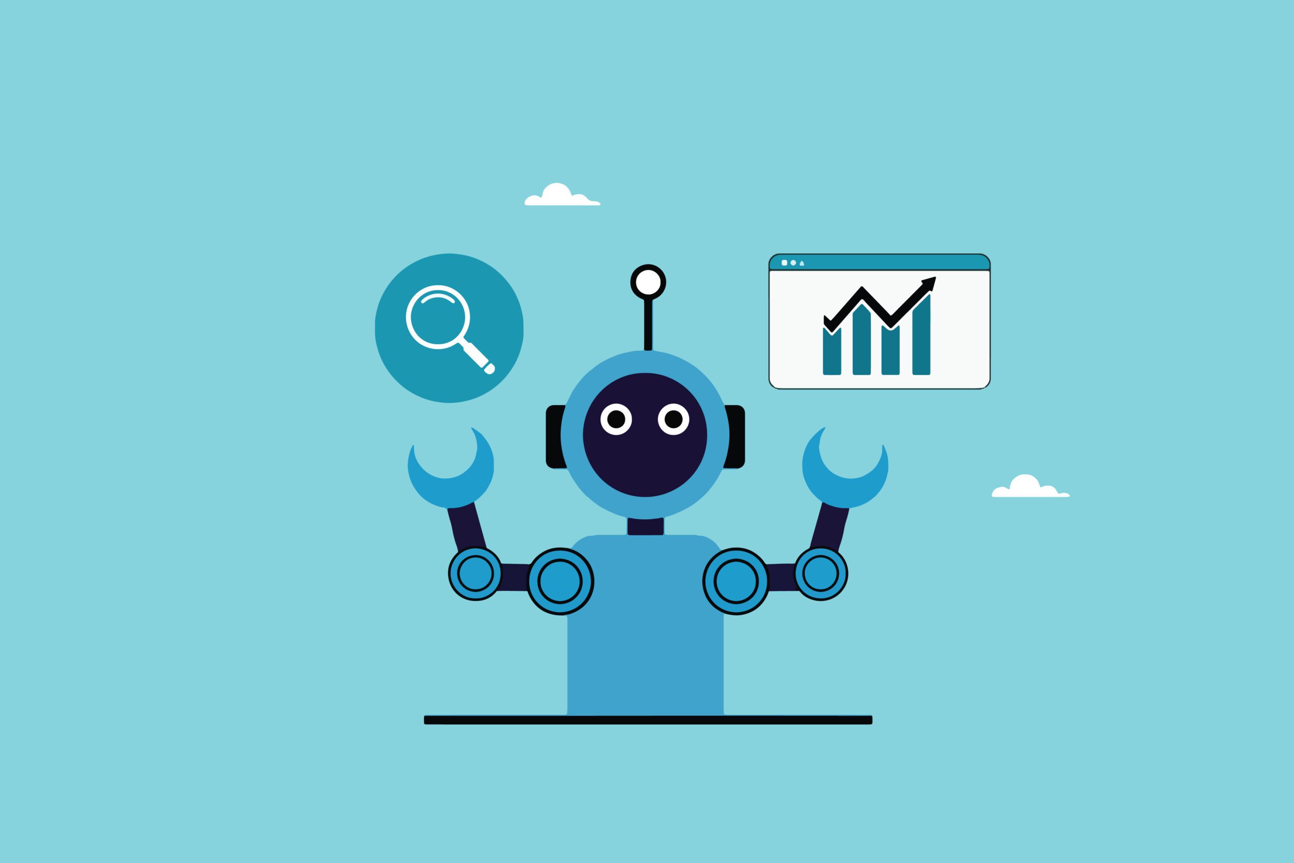A cartoon robot with antennae holds icons of a magnifying glass and a rising graph, symbolizing data analysis and research, on a light blue background with a few small clouds.