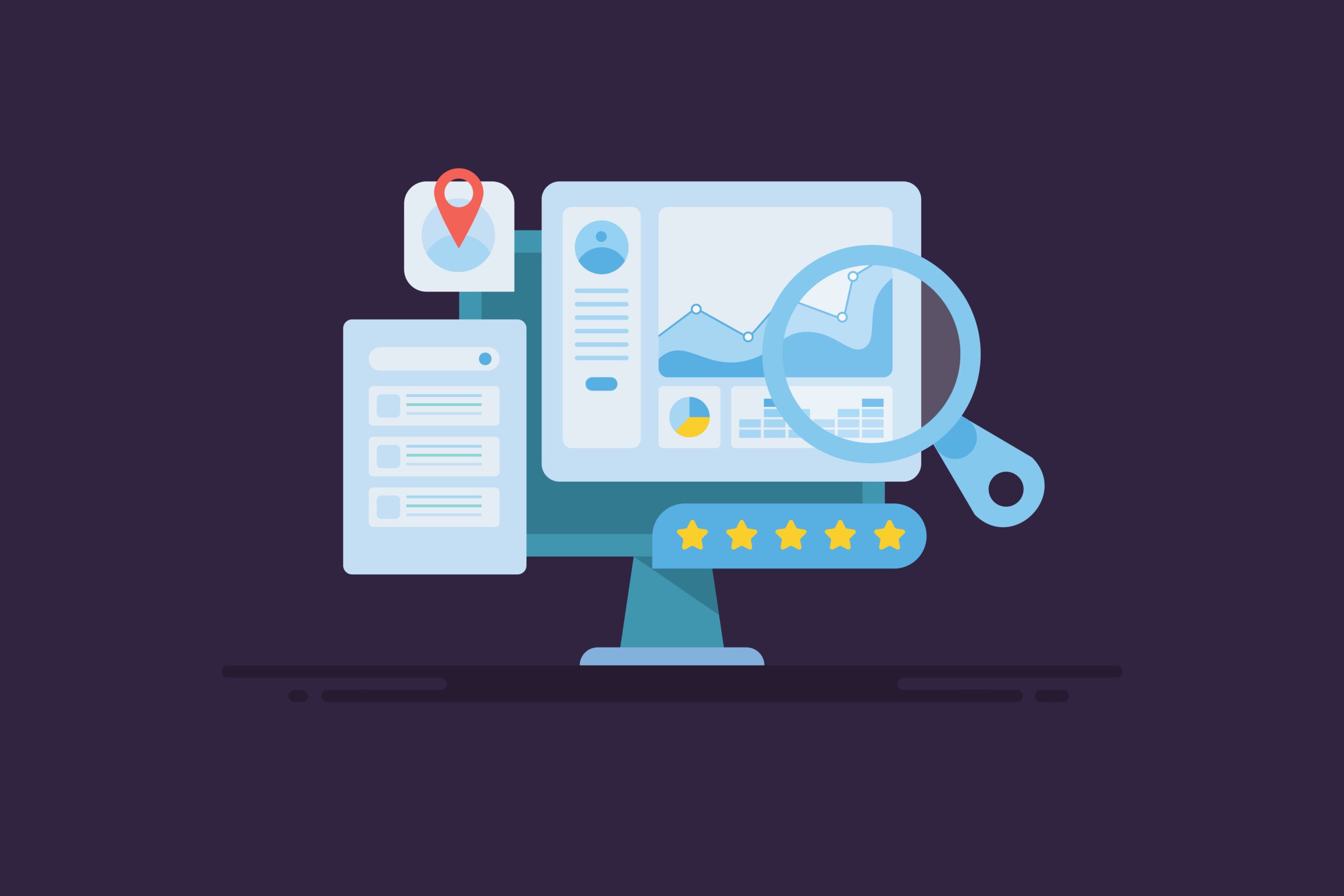 Illustration of a computer monitor displaying graphs and charts, a location pin, a magnifying glass, a list, and a five-star rating bar, symbolizing data analysis and online reviews.
