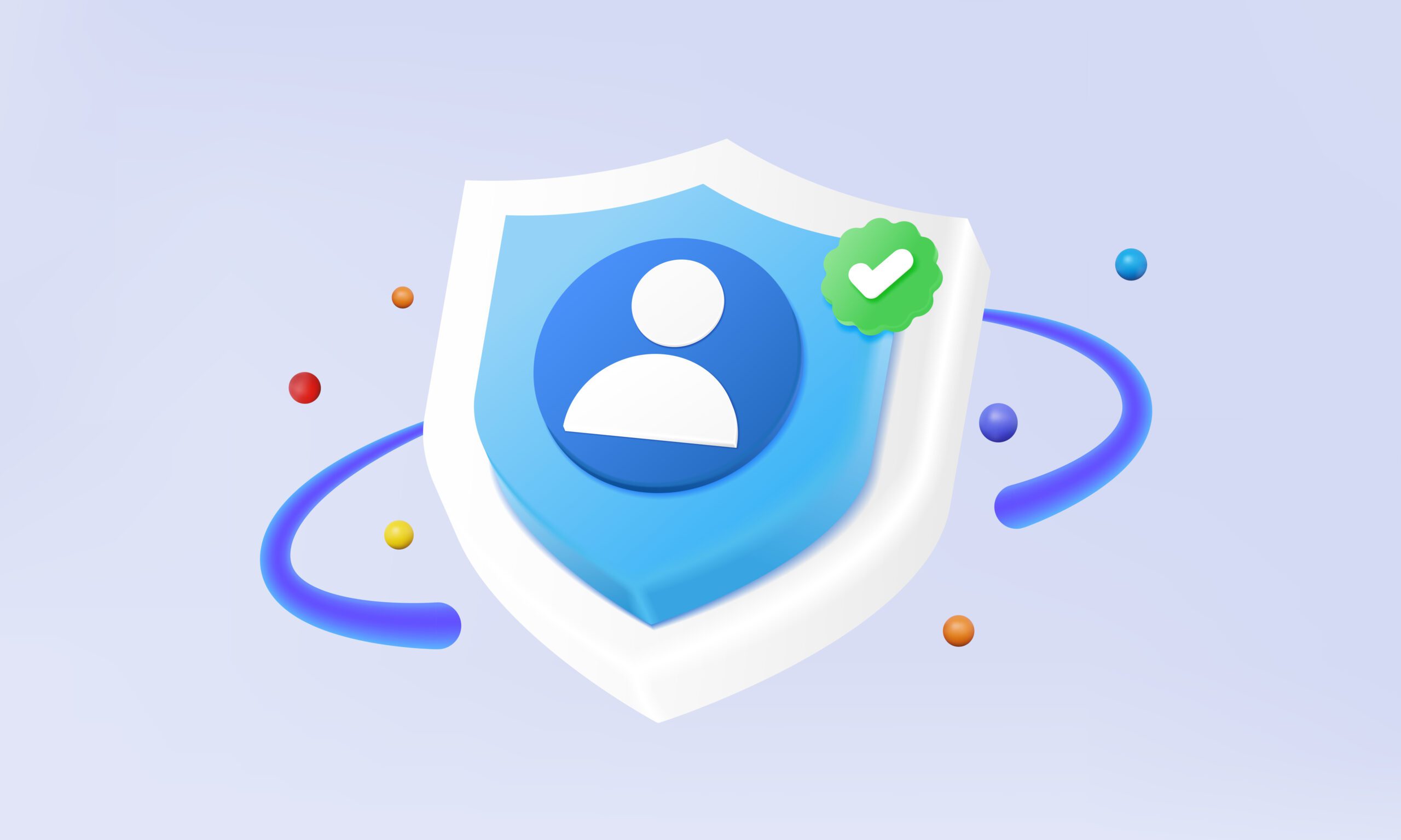 3D illustration of a shield with a user icon in the center, a green checkmark badge on the upper right, and colorful spheres and blue curved lines orbiting around the shield, symbolizing security and verification.