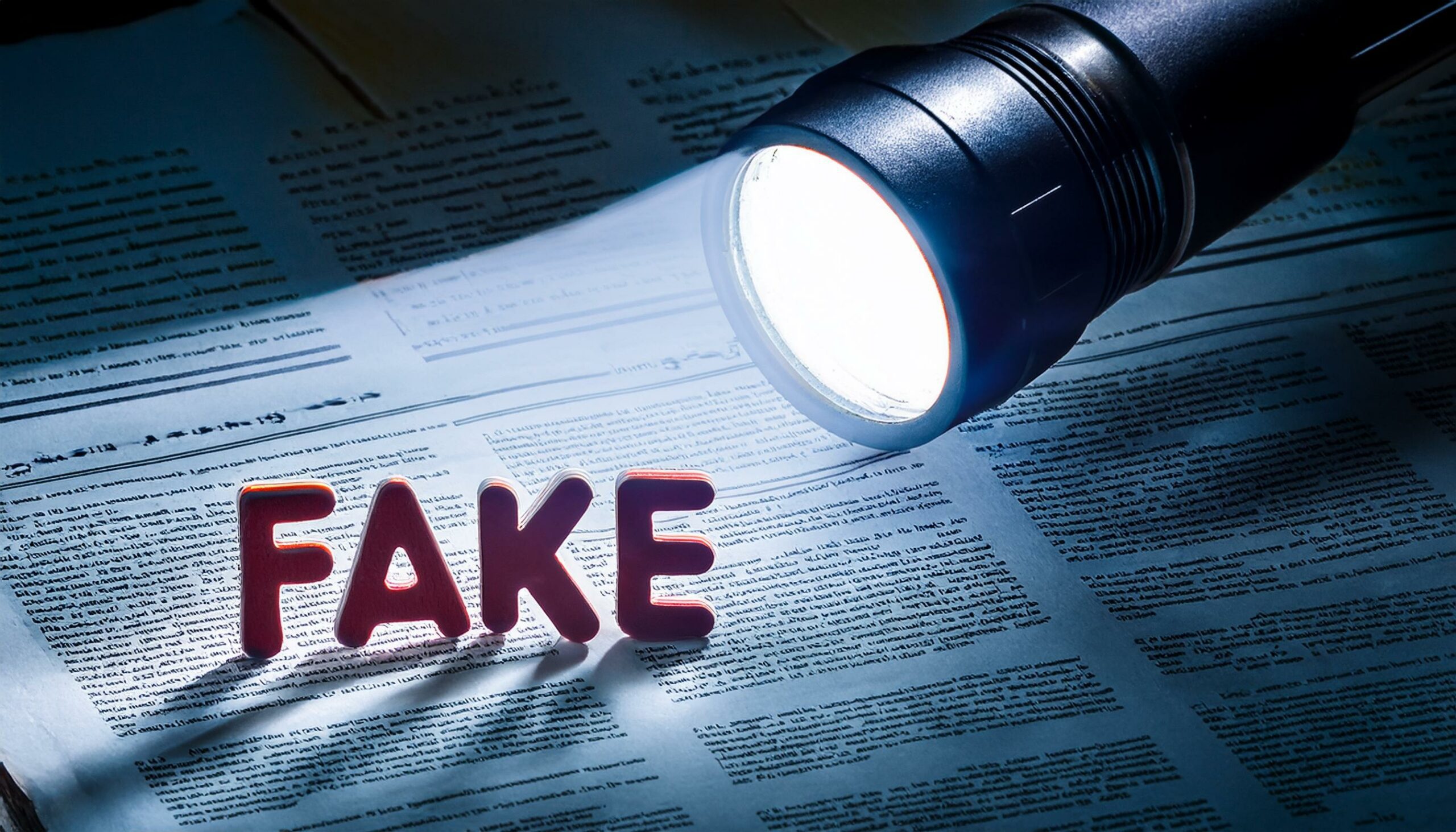 A flashlight shines on the word “FAKE” in red letters, casting a shadow on paperwork or documents, symbolizing the exposure or discovery of false information.