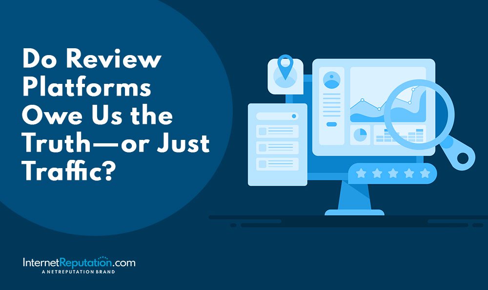 A graphic features a desktop computer displaying data charts, a magnifying glass, and star ratings, next to the text: "Do Review Platforms Owe Us the Truth—or Just Traffic?" on a dark blue background.
