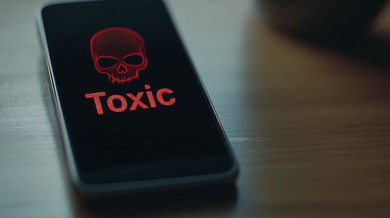 A smartphone on a wooden surface displays a red skull above the word "Toxic" on its screen, suggesting a warning or danger related to harmful content online.