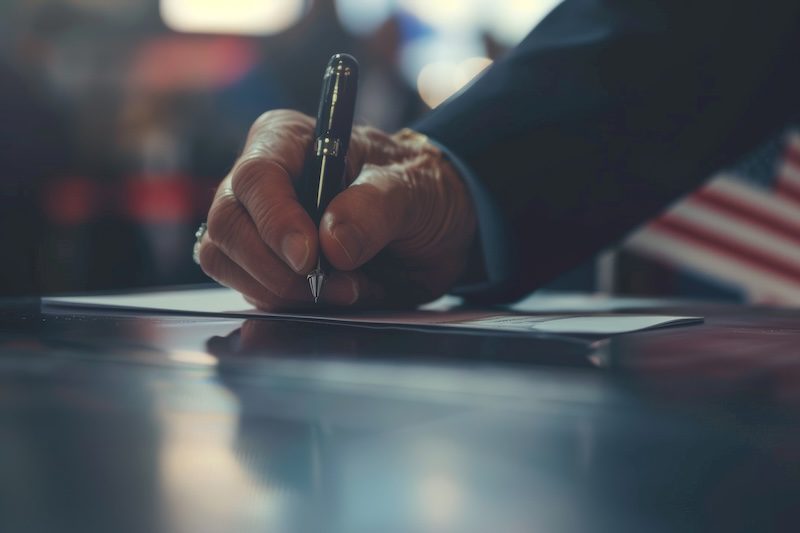 A close-up of a person’s hand holding a pen and signing a document on a desk, with a blurred background and part of a small American flag visible.