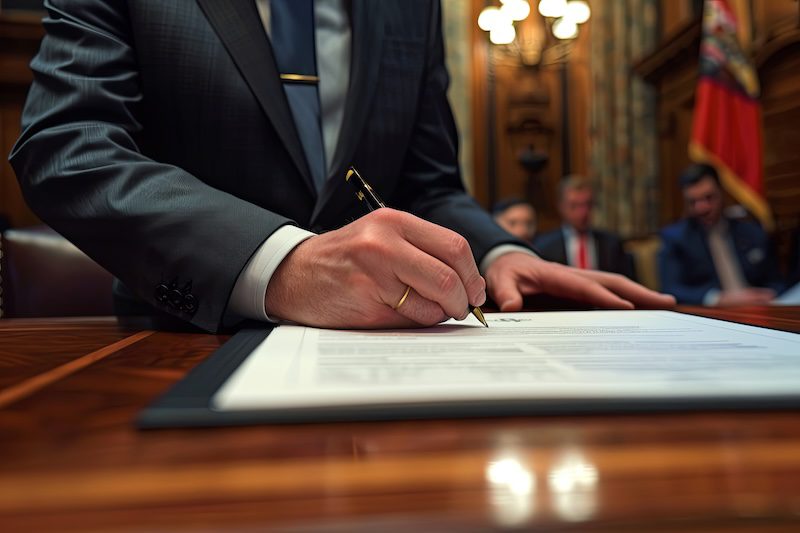 A person in a suit signs an official document at a polished wooden table in a formal room, with three blurred individuals seated in the background.