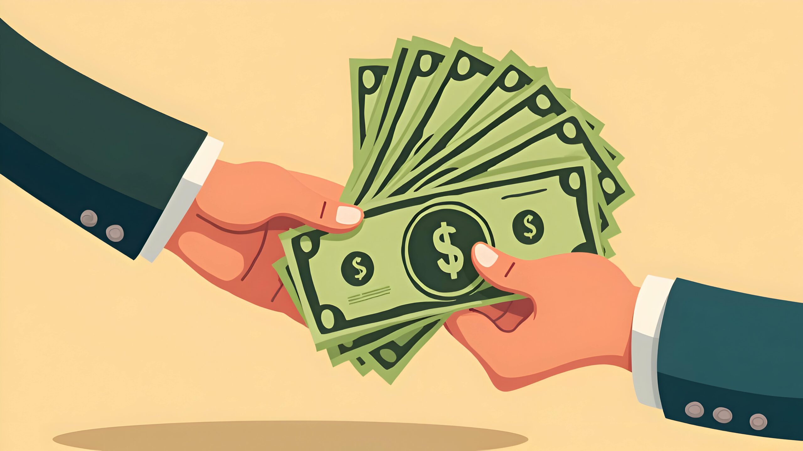 An illustration of one hand passing a fan of dollar bills to another hand, both wearing suit sleeves, symbolizing a financial transaction or payment.
