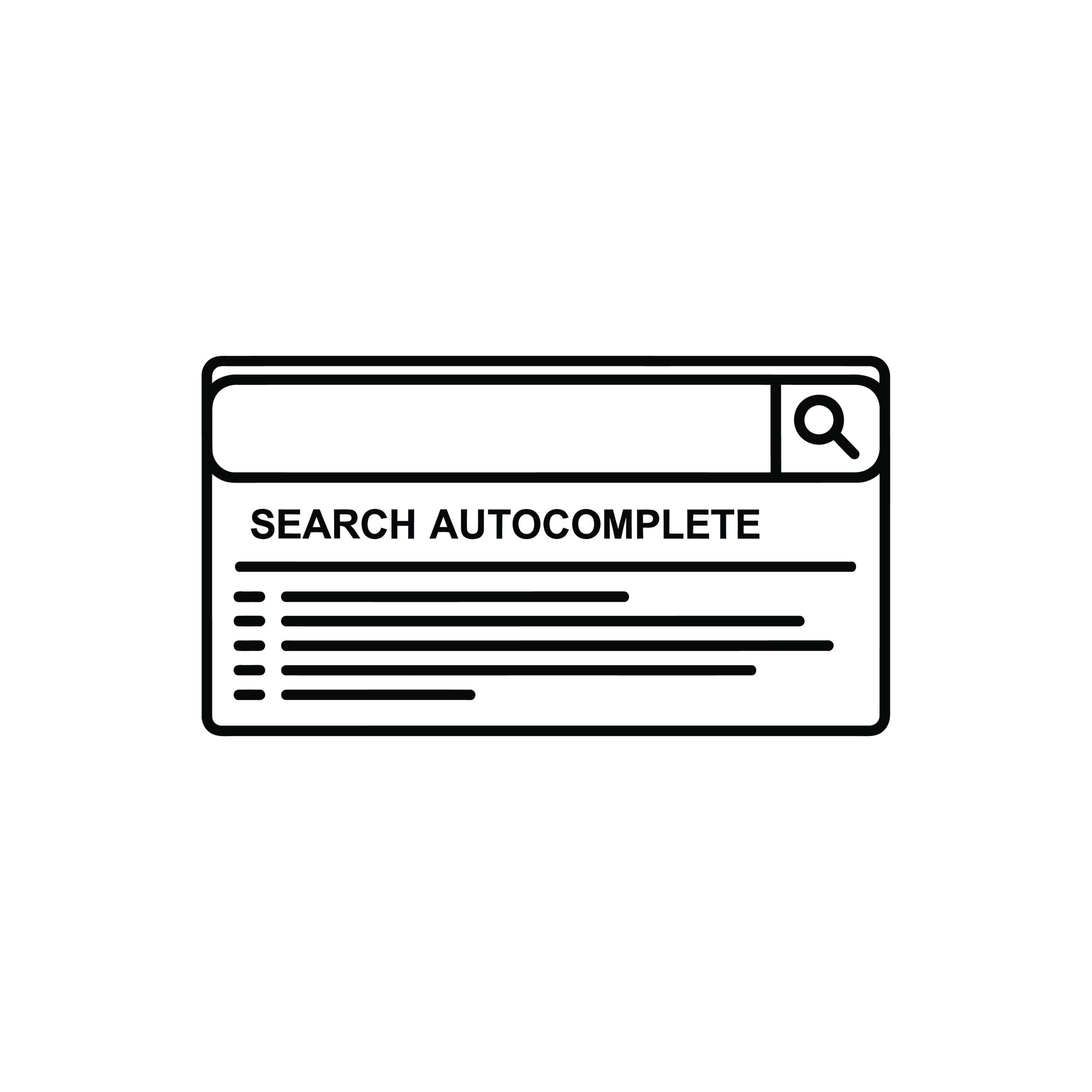 A simple illustration of a search bar with a magnifying glass icon, showing the words "SEARCH AUTOCOMPLETE" and several horizontal lines below, representing autocomplete search suggestions.