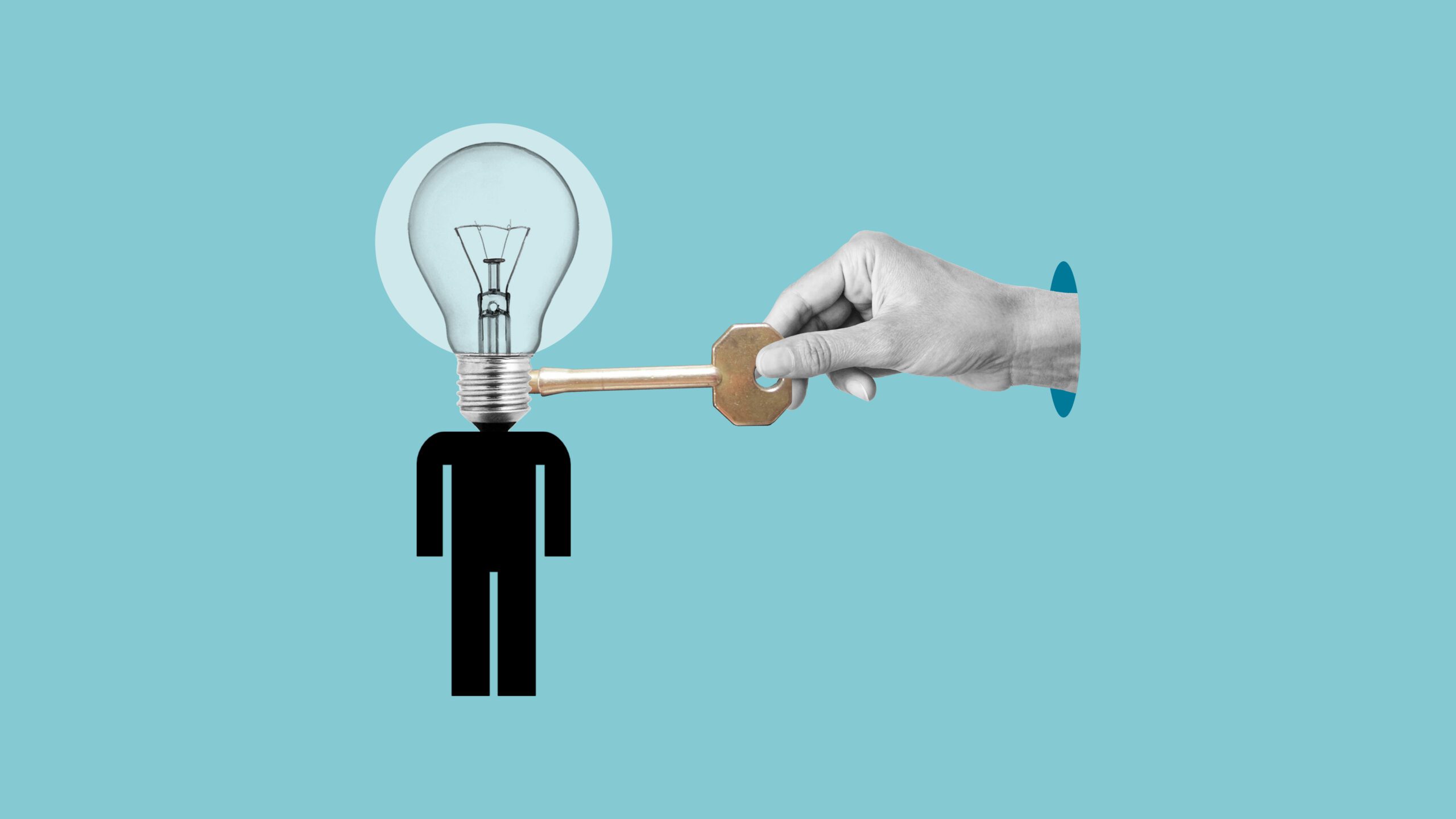 A hand extends through a hole, inserting a key into the neck of a black stick figure with a light bulb for a head, set against a blue background.