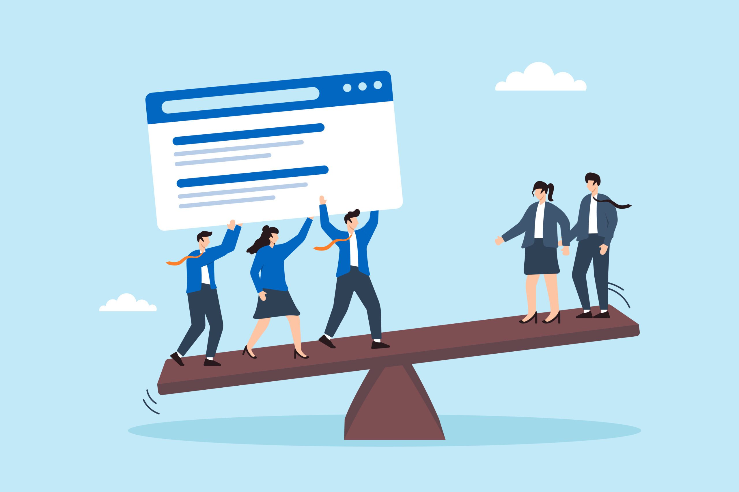 Illustration of four businesspeople on one side of a seesaw, holding up a large webpage, outweighing two businesspeople on the other side. The scene symbolizes teamwork and balance in a business context.