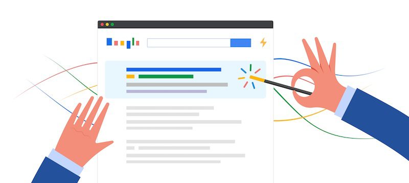 Illustration of a search engine results page with one highlighted result. One hand gestures "OK" while the other points a magic wand at the highlighted link, implying successful search or result optimization.