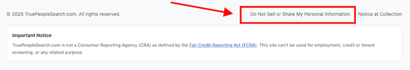 A website footer with a red arrow pointing to the text "Do Not Sell Or Share My Personal Information." Other text includes copyright info and a legal notice.