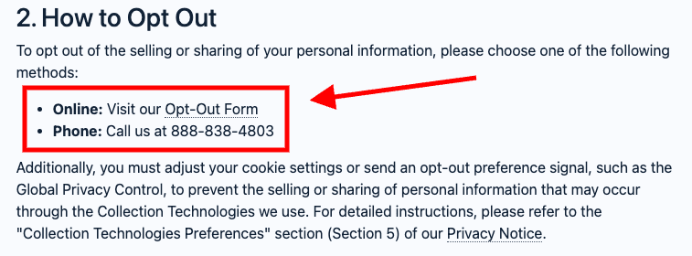 Screenshot of instructions for opting out of data sharing, with a red box highlighting options to opt out online via an Opt-Out Form or by phone at 888-838-4803; a red arrow points to the highlighted section.