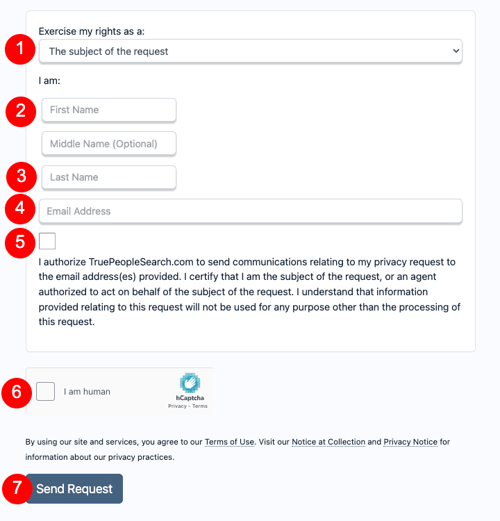 A web form for submitting a privacy request. Fields include subject, name, email, and a statement of authorization. A CAPTCHA checkbox and a blue "Send Request" button are at the bottom. Instructions are provided throughout.