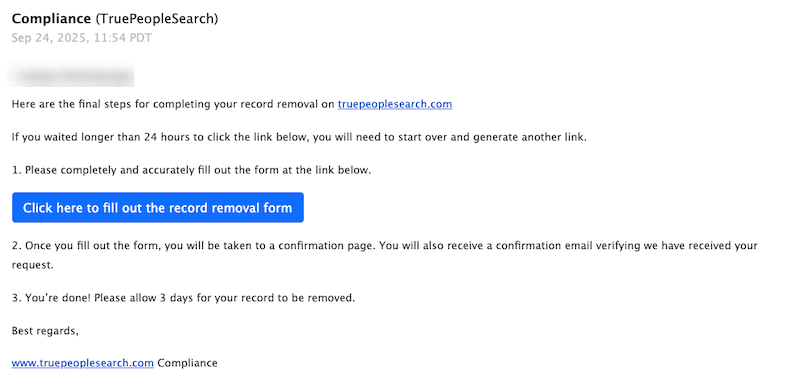 Screenshot of an email from TruePeopleSearch.com instructing the recipient how to remove their record, with a blue button labeled "Click here to fill out the record removal form" and steps outlining the removal process.
