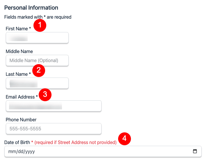 A web form titled "Personal Information" with labeled fields for First Name, Middle Name, Last Name, Email Address, Phone Number, and Date of Birth. Fields marked with an asterisk are required.
