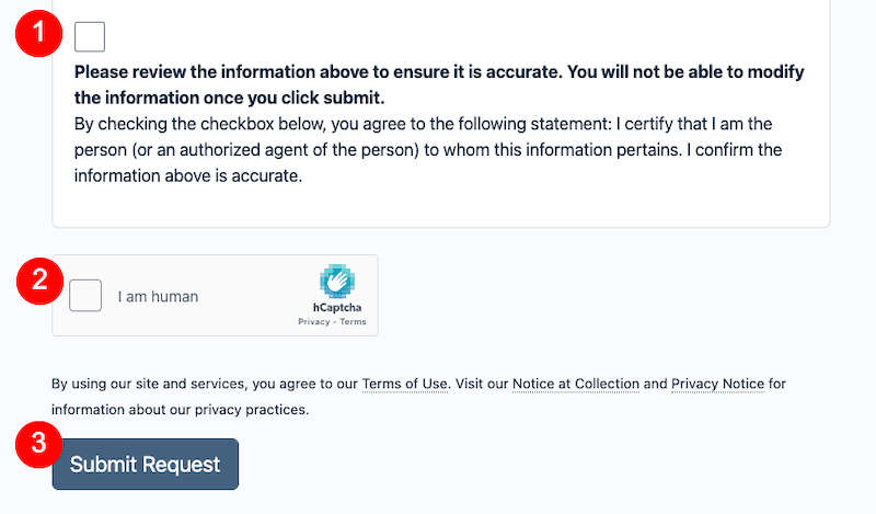 A form section with instructions to review and confirm information, a checkbox to certify accuracy, a captcha box labeled “I am human,” and a blue “Submit Request” button at the bottom. Red labels number each section.