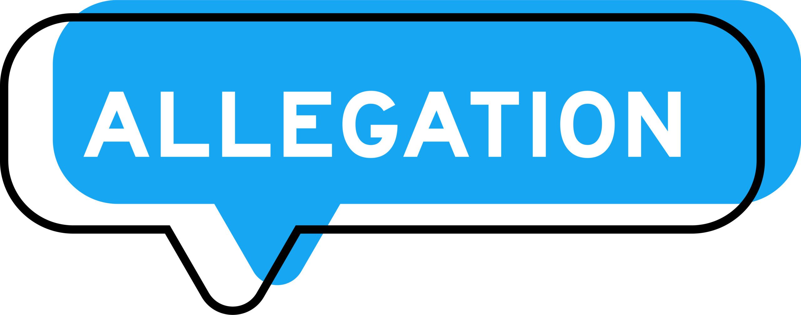 A blue speech bubble with the word "ALLEGATION" written in bold white capital letters inside it.