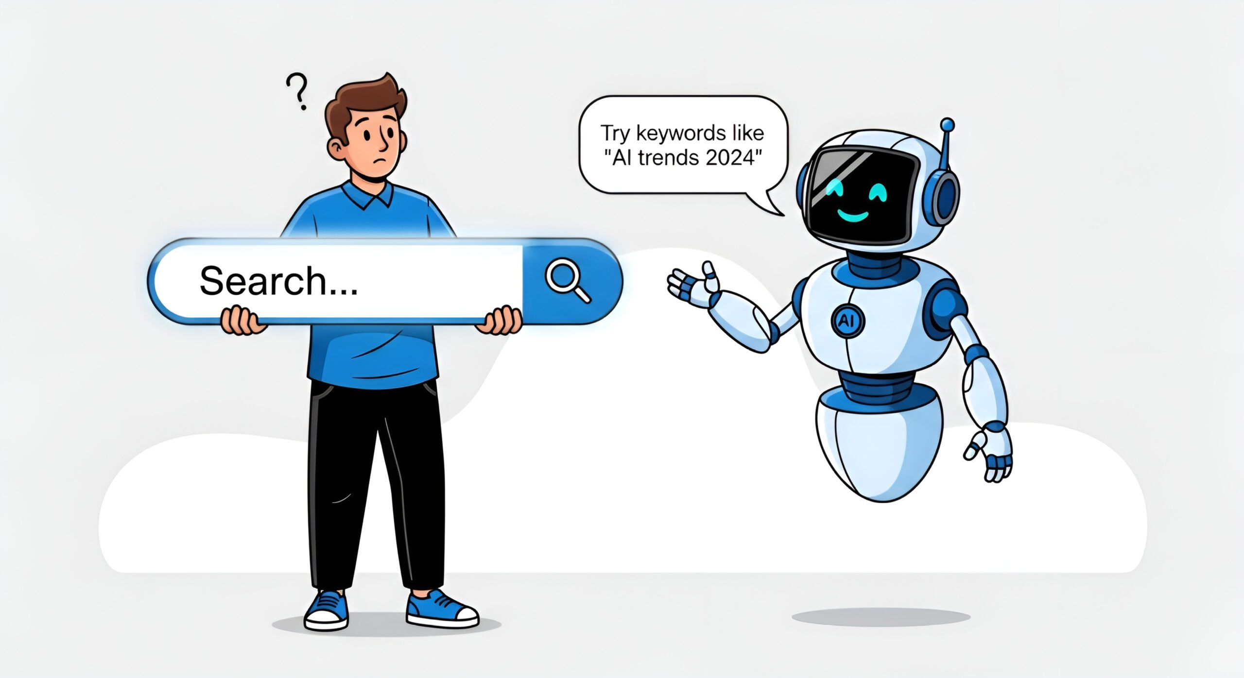 A confused person holding a large search bar, while a friendly robot suggests, “Try keywords like ‘AI trends 2024’” in a speech bubble.