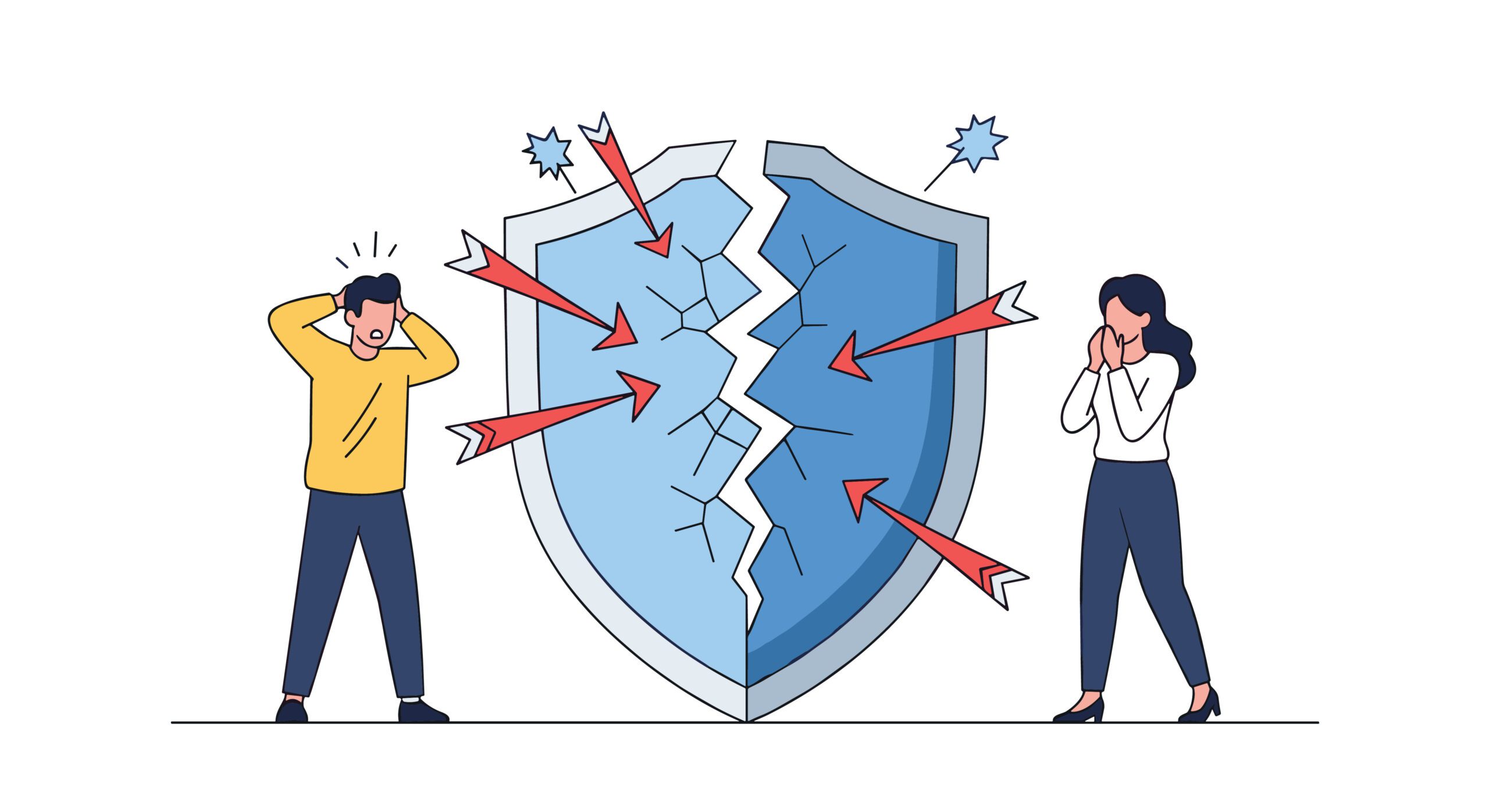 A man and woman stand worried next to a large cracked shield being hit by arrows, symbolizing a breach in security or protection.