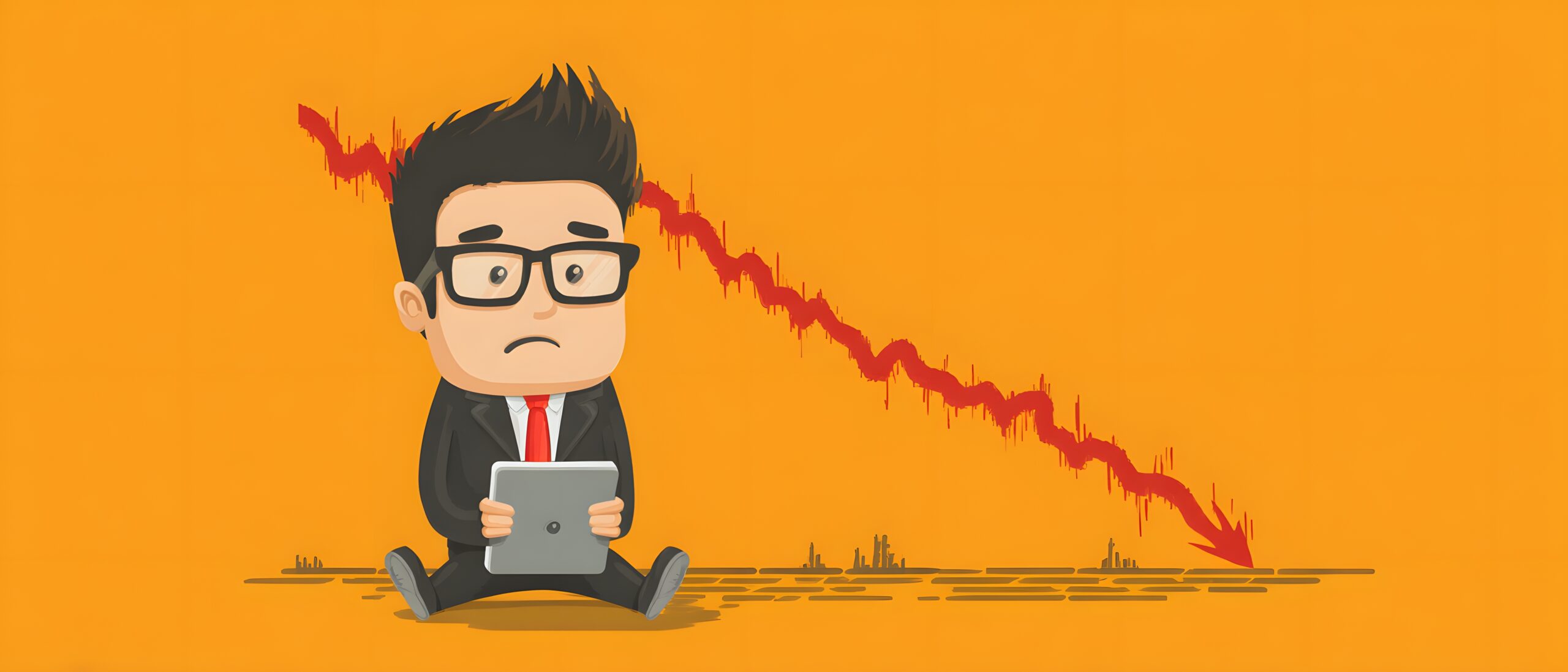 A sad cartoon businessman in a suit and glasses sits on the floor holding a tablet, with a red, downward trending graph line behind him, symbolizing financial loss or decline, on an orange background.
