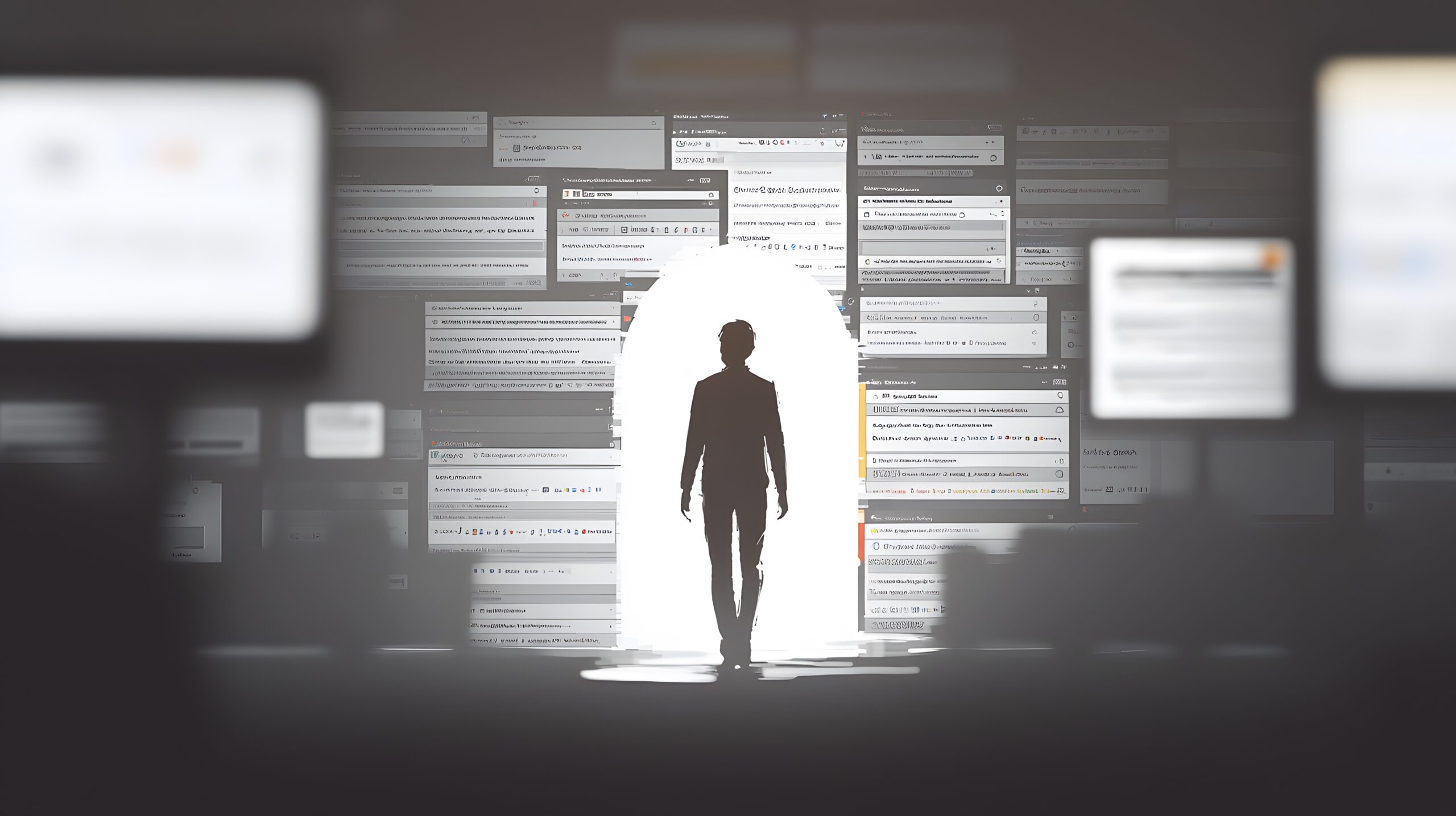 A silhouetted person stands in a bright doorway, facing a wall covered with overlapping digital chat and forum windows, suggesting information overload or navigating online communication.