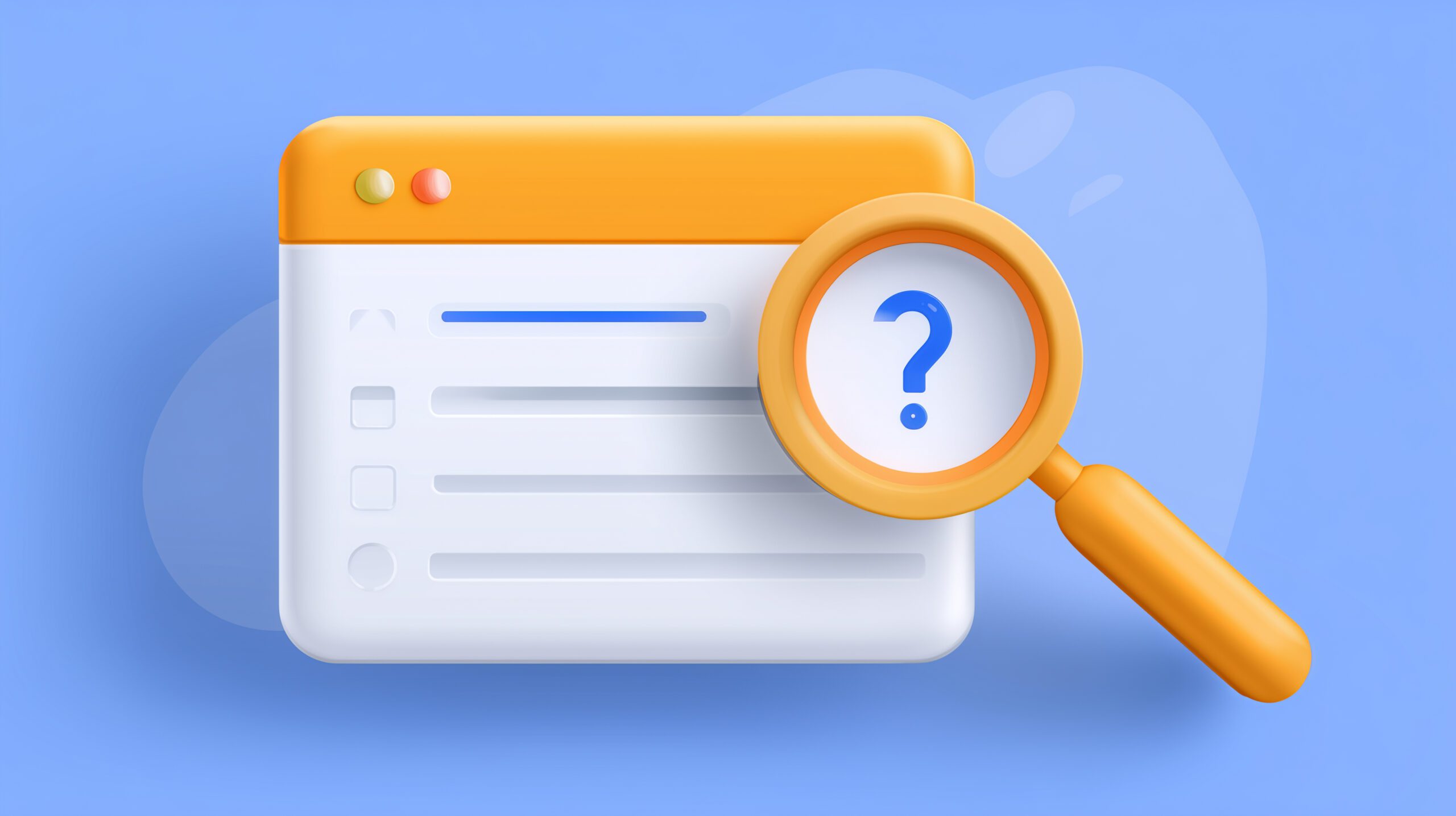 3D illustration of a browser window with a list and a large yellow magnifying glass containing a blue question mark, set against a blue background.