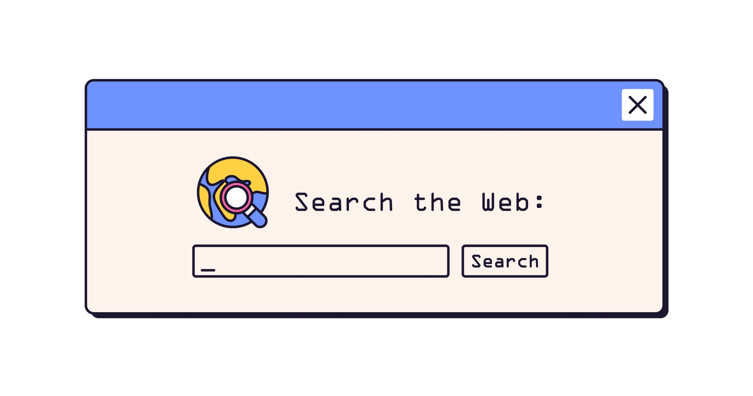A cartoon-style web browser search box with a magnifying glass icon, the text "Search the Web:", an empty search field, and a "Search" button.