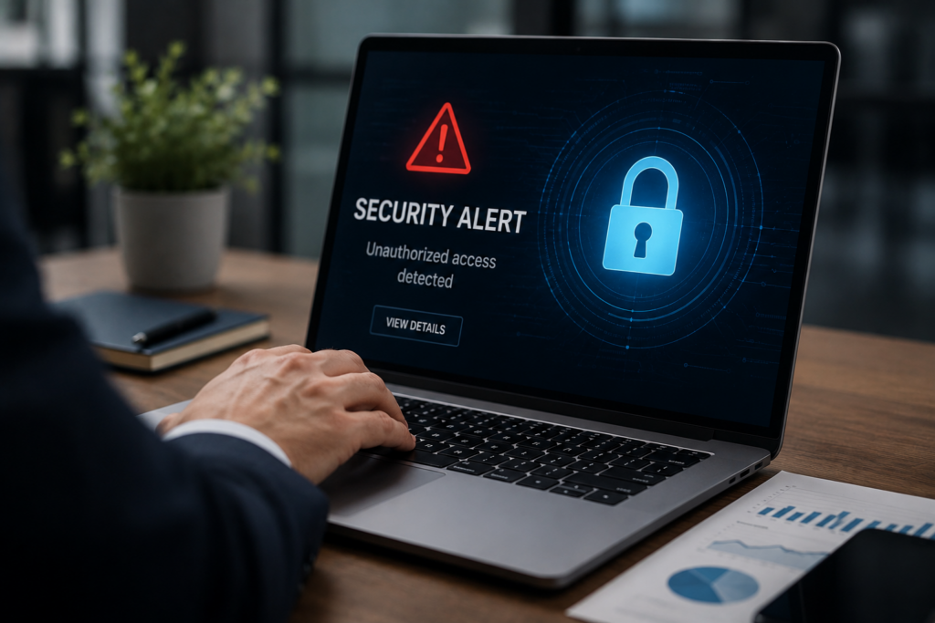 A person uses a laptop displaying a "SECURITY ALERT: Unauthorized access detected" warning, highlighting executive privacy and risk management concerns. A plant and documents are visible on the desk.
