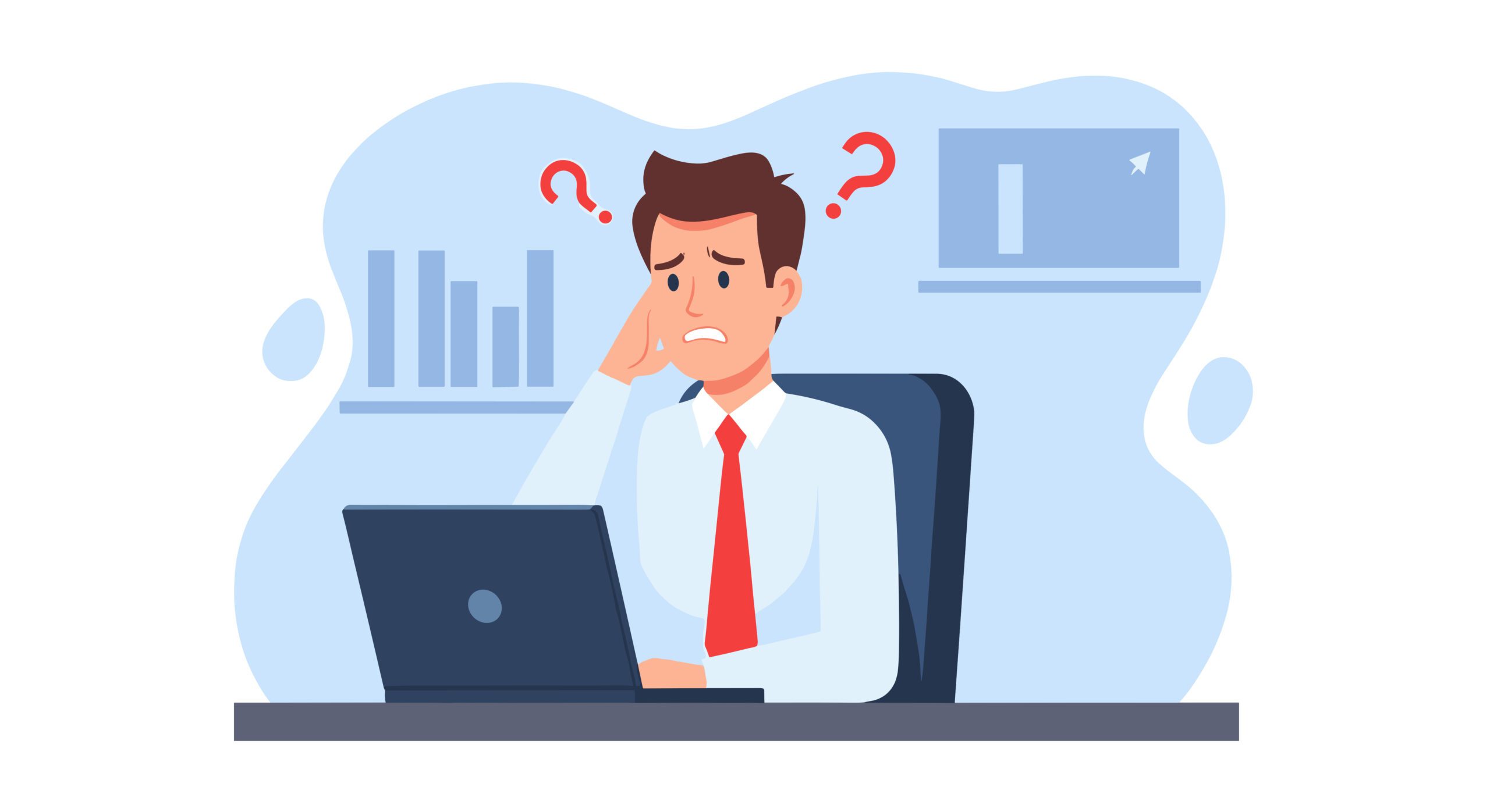An illustration of a confused man in business attire sitting at a desk with a laptop, scratching his head. Red question marks float above him, and charts are on the wall in the background.
