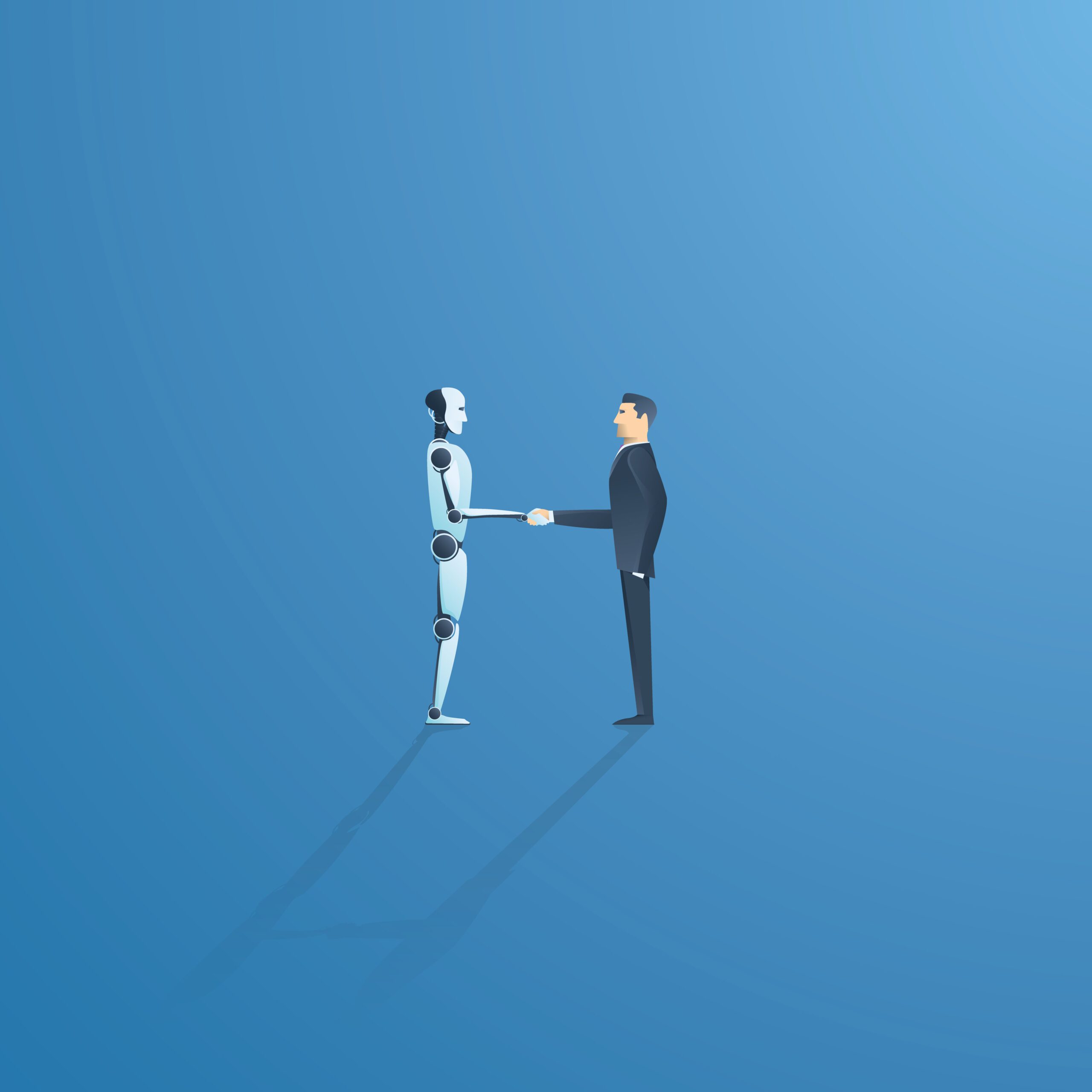 A human in a business suit shakes hands with a humanoid robot on a blue background, symbolizing collaboration between people and artificial intelligence.