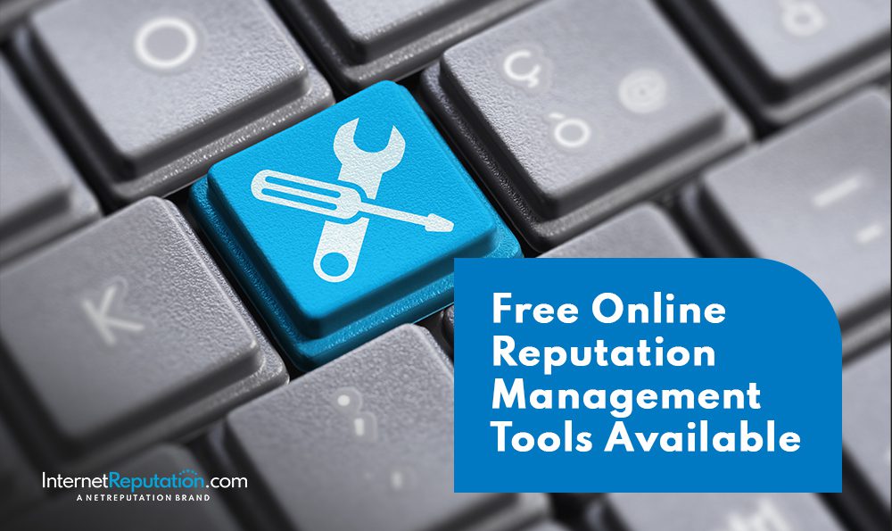 A computer keyboard with a blue key featuring a wrench and screwdriver icon highlights the availability of free online reputation management tools. A blue box on the right displays the text: "Free Online Reputation Management Tools Available.