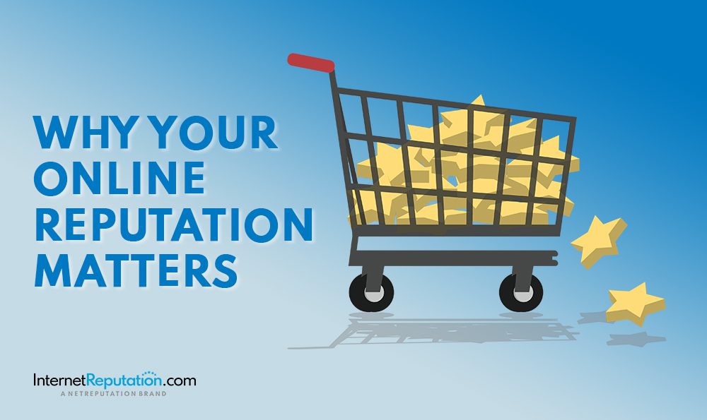 A shopping cart filled with yellow stars on a blue gradient background highlights why your online reputation matters, alongside the InternetReputation.com logo at the bottom.