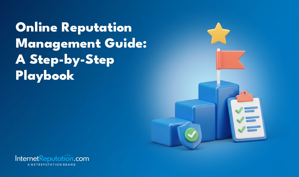 A 3D illustration for an online reputation management guide featuring blue steps topped with a flag, a star, a shield with a checkmark, and a clipboard with a checklist.