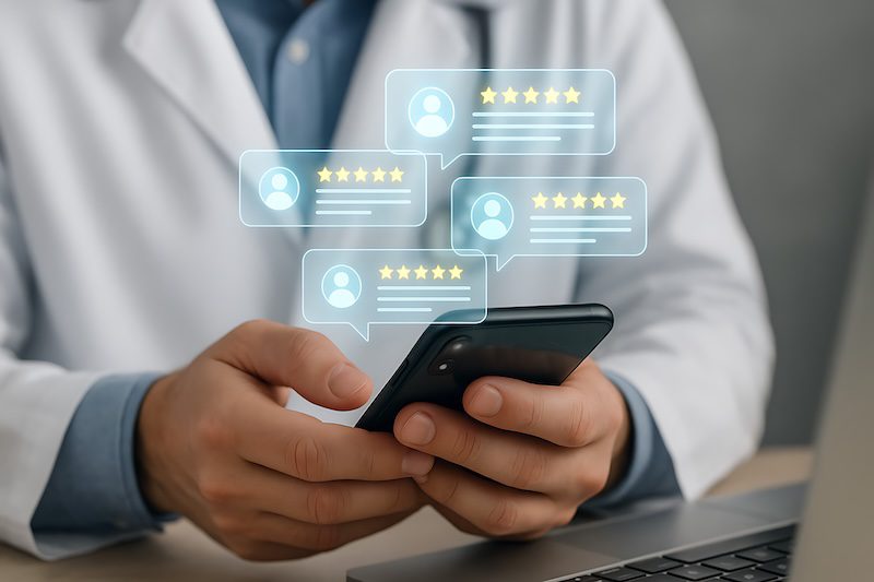 A doctor holds a phone and looks at reviews from patients.