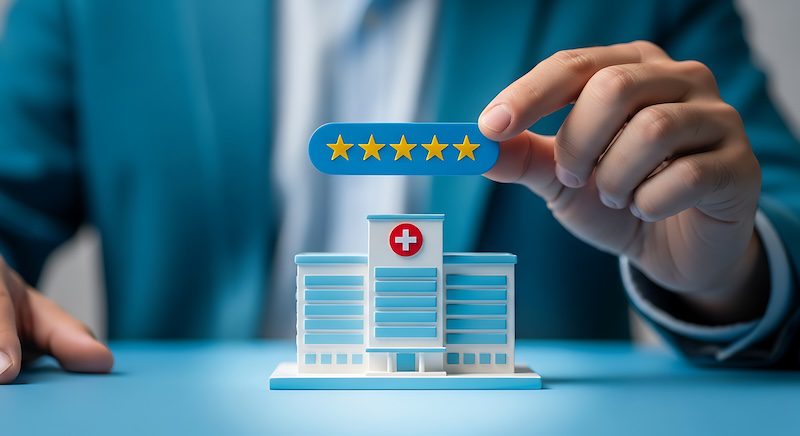 A doctor holds a 5-star rating above a model of a hospital.
