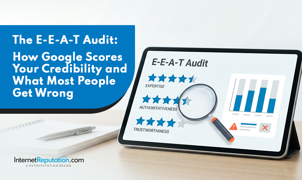 A tablet displays an E-E-A-T Audit graphic with stars rating expertise, authoritativeness, and trustworthiness, plus a magnifying glass over a bar chart. Text explains how Google scores E-E-A-T Audit credibility and highlights common mistakes.