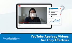 A tablet screen displays a paused youtube apology video, with social media icons, thumbs up/down, and a sentiment chart above. Text at the bottom reads, "YouTube Apology Videos: Are They Effective?.
