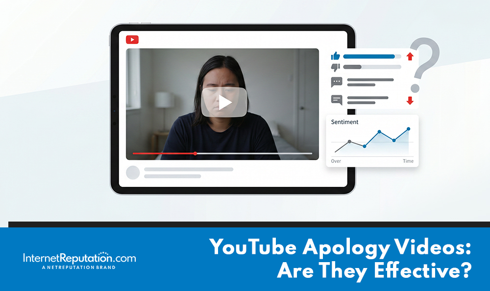 A tablet screen displays a paused youtube apology video, with social media icons, thumbs up/down, and a sentiment chart above. Text at the bottom reads, "YouTube Apology Videos: Are They Effective?.