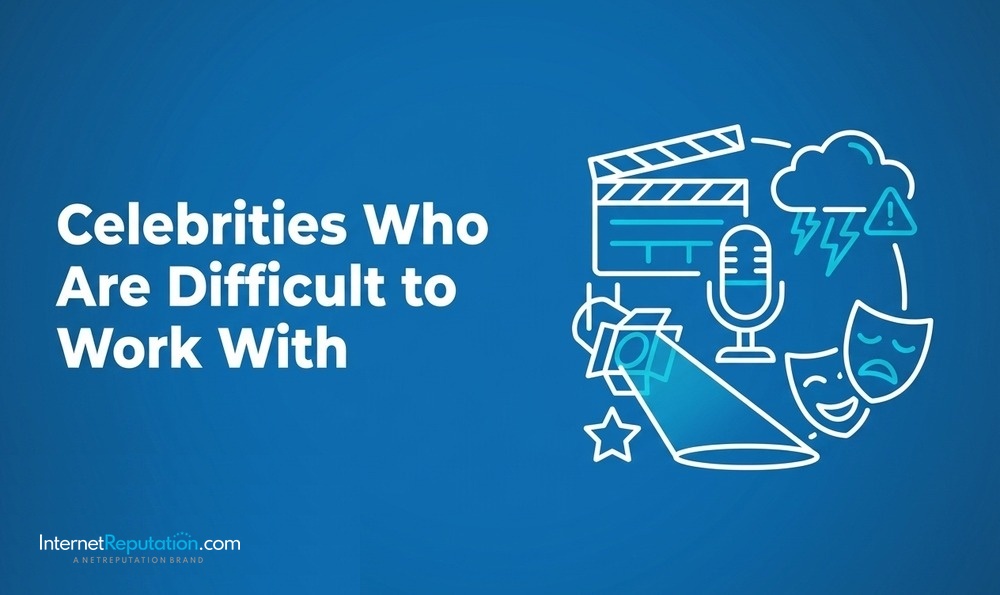 Blue background with white text: “Celebrities Who Are Difficult to Work With.” Illustration features a microphone, clapboard, spotlight, masks, storm cloud, and star—symbols that highlight the drama and intrigue surrounding celebrities who are difficult to work with in the entertainment industry.